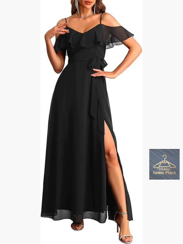 Off Shoulder Formal Dress Chiffon A-Line Split Long Prom Wedding Guest